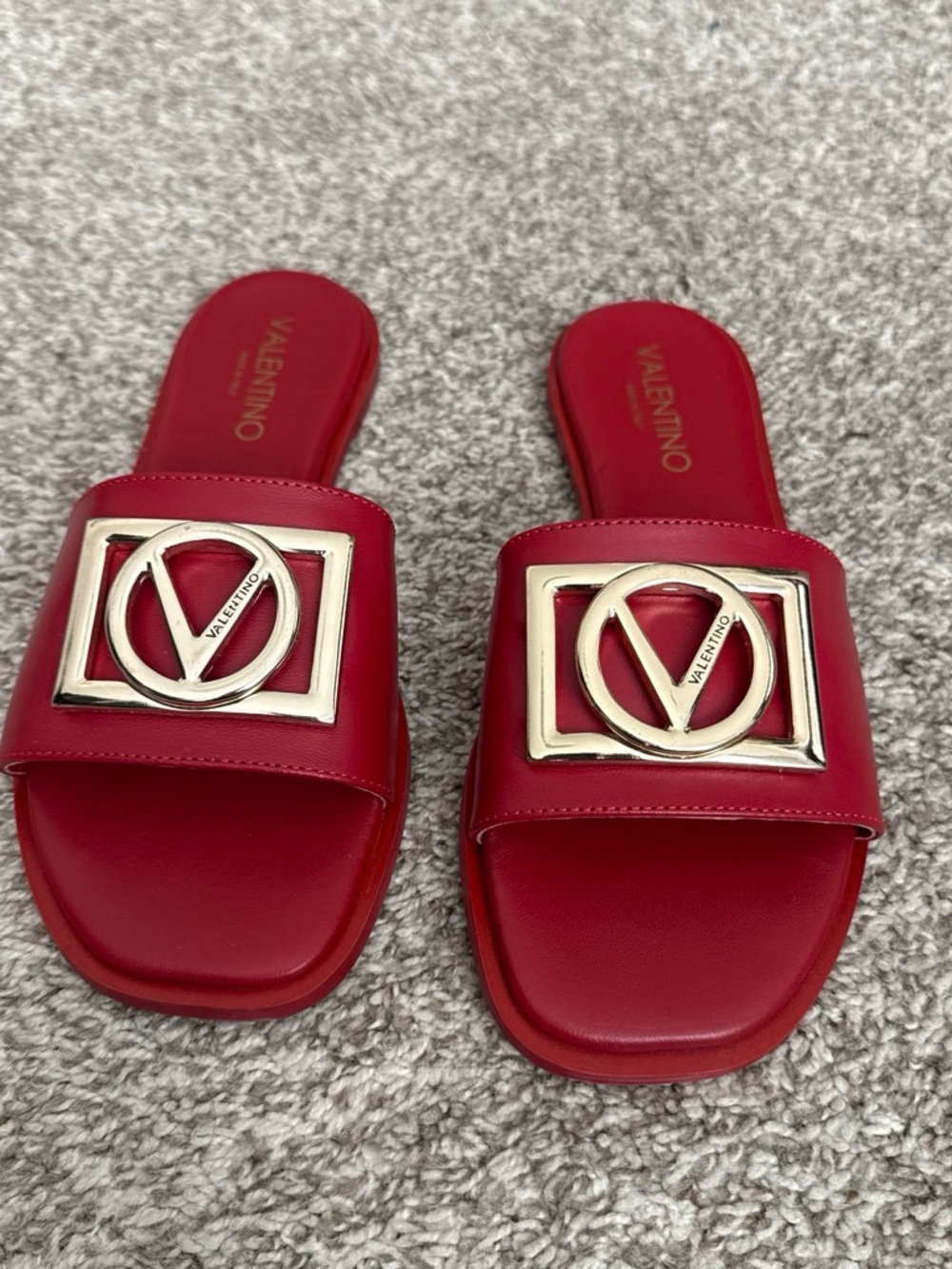 Valentino Red Leather Slide Sandals with Gold V Logo